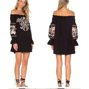 Free People Womens Off Shoulder Dress Fleur Du Jour Floral Embroidered Black XS*
